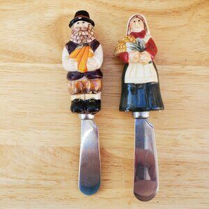 VTG Thanksgiving Fall Pilgrim Themed Ceramic Handle Cheese Spreaders Set of Two